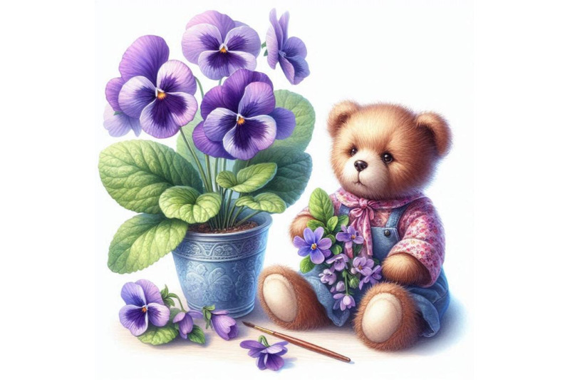 toy-teddy-bear-and-flower-violet-watercolor-illustration