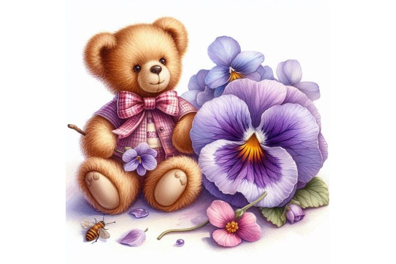 toy-teddy-bear-and-flower-violet-watercolor-illustration