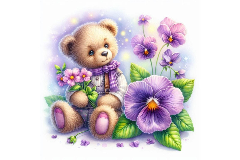 toy-teddy-bear-and-flower-violet-watercolor-illustration