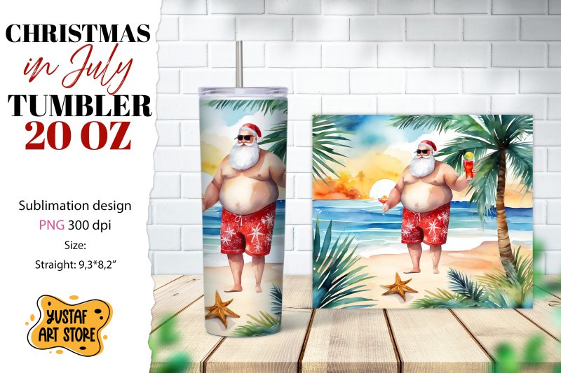 christmas-in-july-tumbler-sublimation-santa-on-the-beach