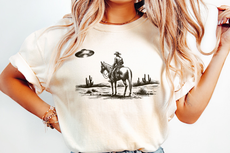 cowboy-and-ufo-png-vintage-western-digital-download-sci-fi-western-design-alien-encounter-unique-gift-black-and-white-art-desert-scene