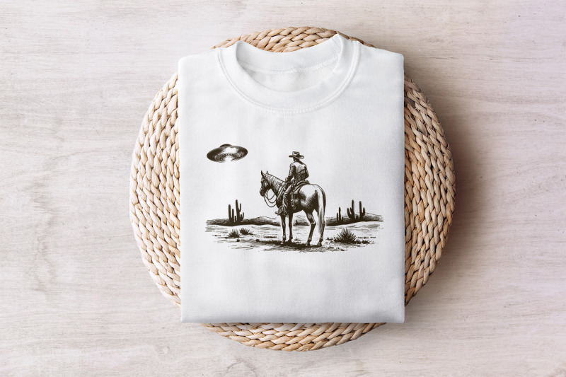 cowboy-and-ufo-png-vintage-western-digital-download-sci-fi-western-design-alien-encounter-unique-gift-black-and-white-art-desert-scene