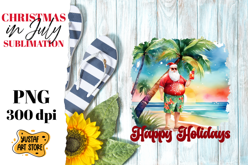 christmas-in-july-sublimation-santa-claus-on-the-beach