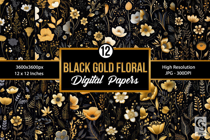 black-and-gold-wildflowers-digital-papers