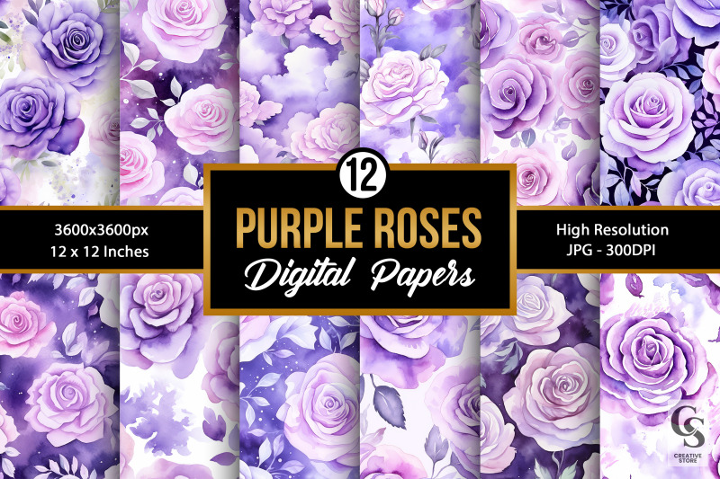 purple-watercolor-roses-digital-papers