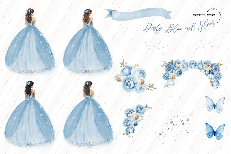 dusty-blue-silver-princess-dress-butterfly-clipart-quinceaera-floral