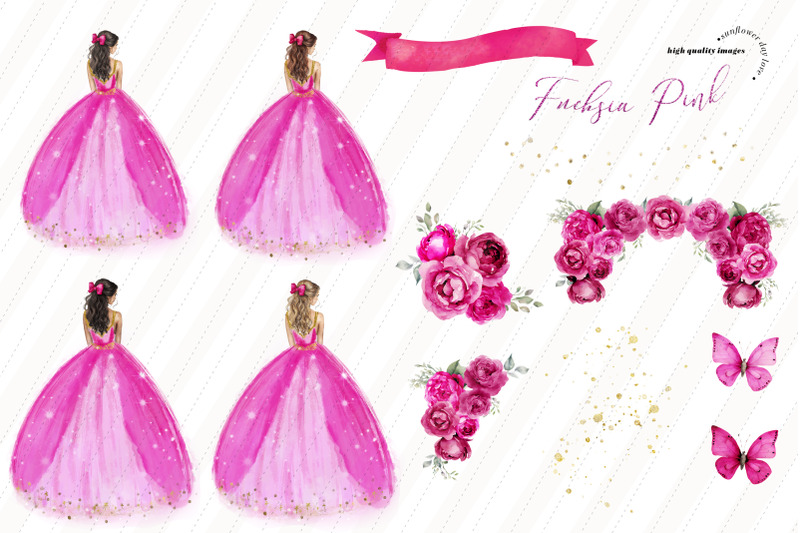 fuchsia-pink-princess-dress-butterfly-clipart-sweet-16th