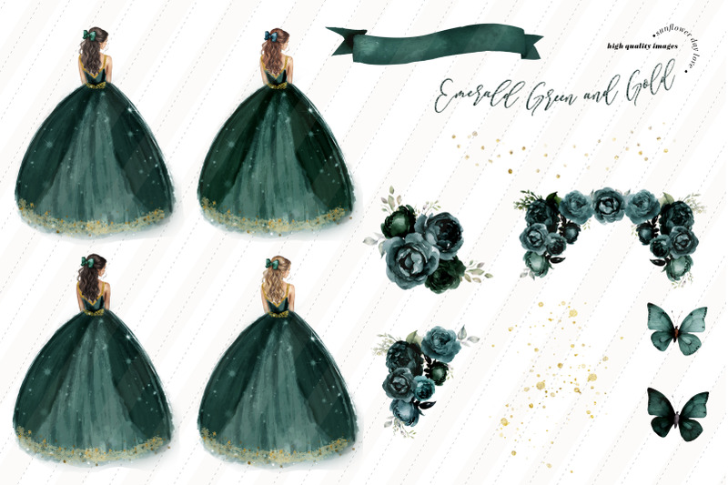 emerald-green-princess-dresses-butterfly-clipart-hunter-green-flowers