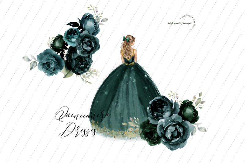 emerald-green-princess-dresses-butterfly-clipart-hunter-green-flowers