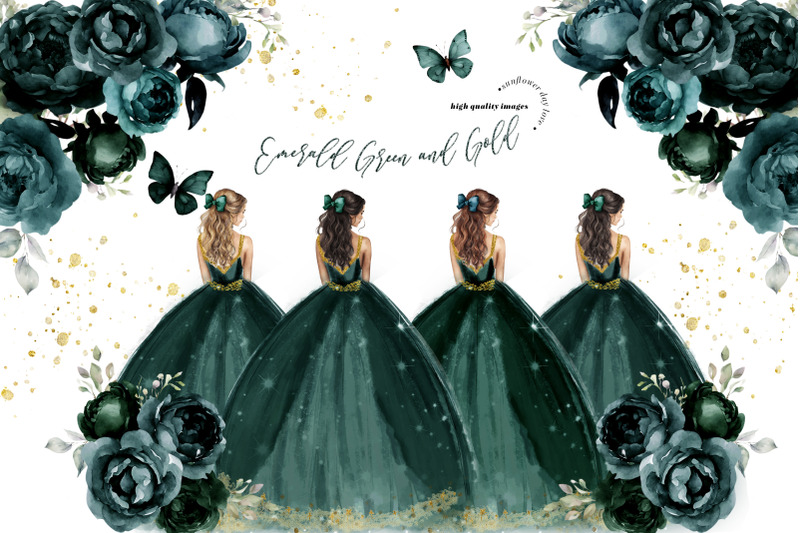 emerald-green-princess-dresses-butterfly-clipart-hunter-green-flowers