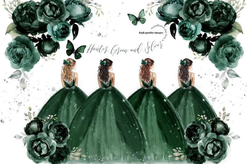 hunter-green-and-silver-princess-dress-butterfly-clipart