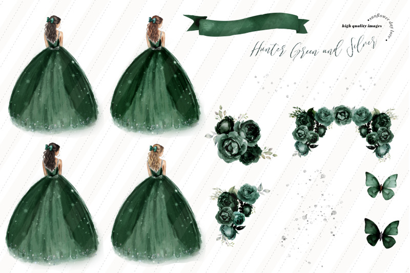 hunter-green-and-silver-princess-dress-butterfly-clipart