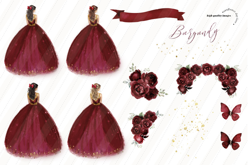 burgundy-red-princess-dresses-butterfly-clipart