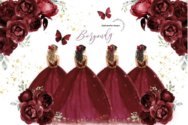 burgundy-red-princess-dresses-butterfly-clipart