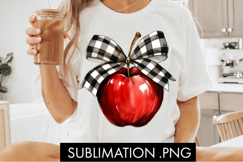 coquette-checkered-bow-teacher-apple-png-sublimation