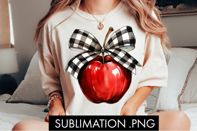 coquette-checkered-bow-teacher-apple-png-sublimation