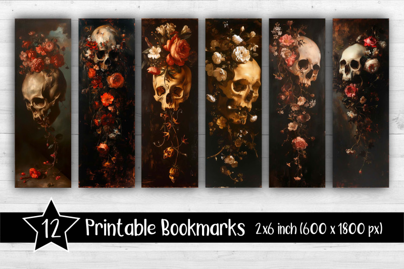 skulls-and-flowers-bookmarks-printable-2x6-inch