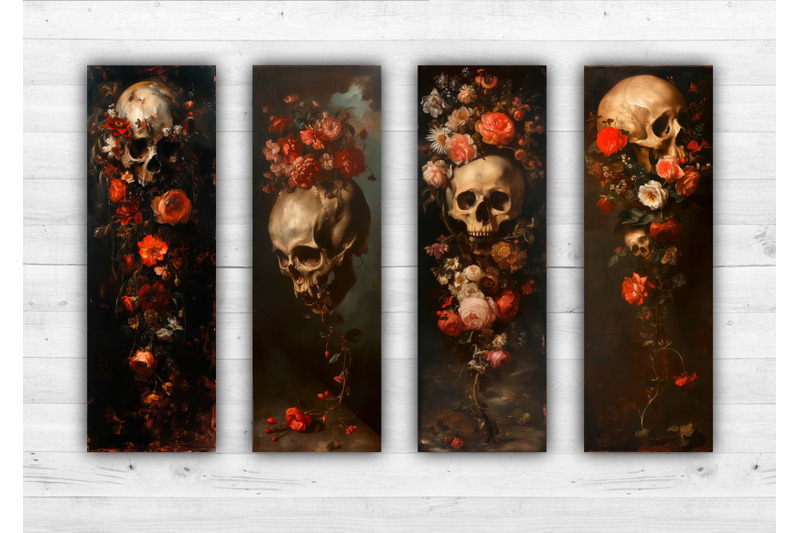 skulls-and-flowers-bookmarks-printable-2x6-inch