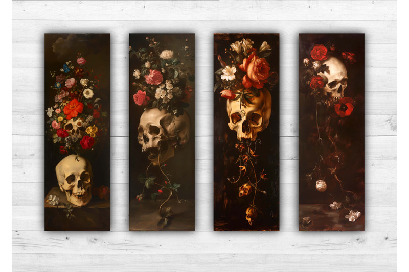 skulls-and-flowers-bookmarks-printable-2x6-inch