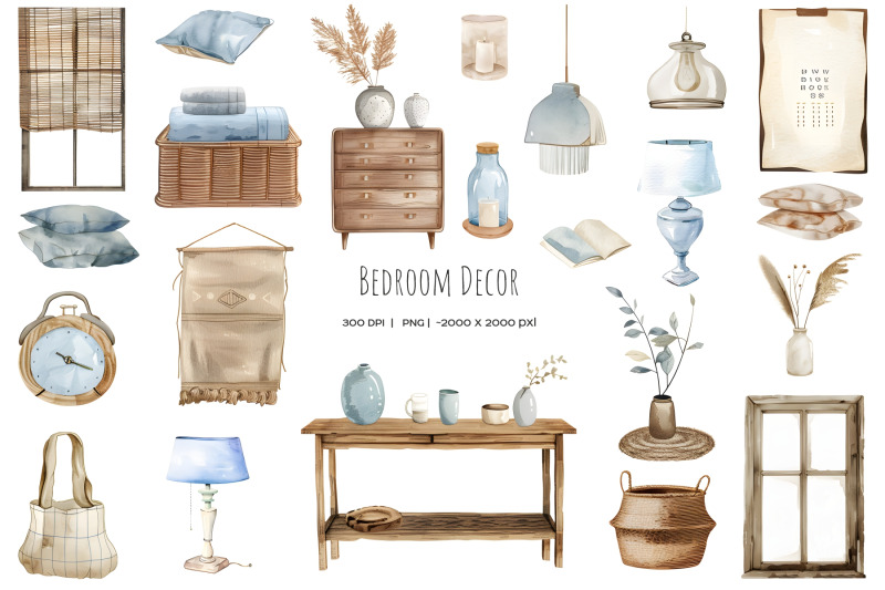 watercolor-bedroom-clipart-cozy-home-png-living-room-furniture-and-decor-elements-blue-and-beige-color-room-furnishings-bedroom-interior-set-30-png