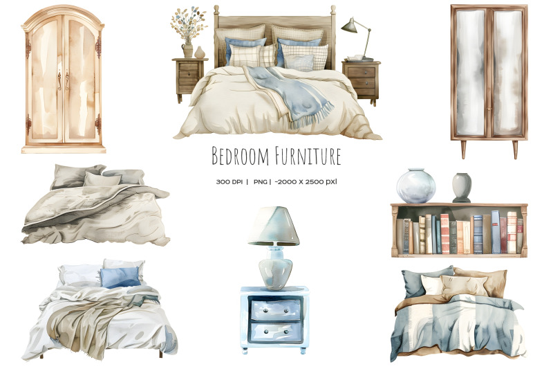 watercolor-bedroom-clipart-cozy-home-png-living-room-furniture-and-decor-elements-blue-and-beige-color-room-furnishings-bedroom-interior-set-30-png