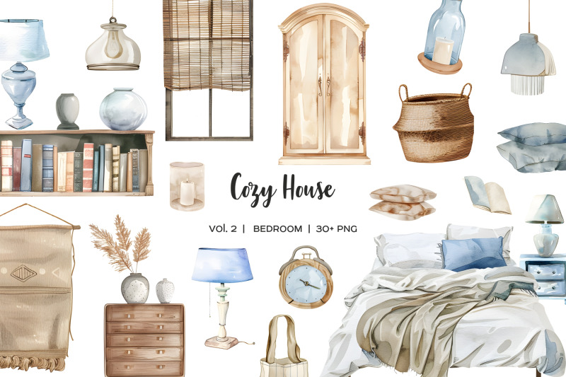 watercolor-bedroom-clipart-cozy-home-png-living-room-furniture-and-decor-elements-blue-and-beige-color-room-furnishings-bedroom-interior-set-30-png