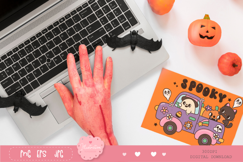 cute-car-halloween-groovy-kawaii-cliparts-pumpkin-and-cat