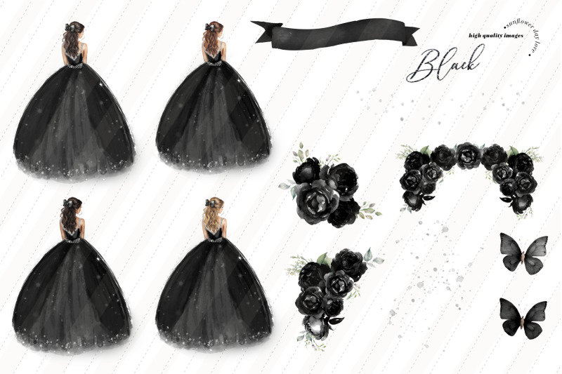 black-and-silver-princess-quince-clipart-black-flowers-quinceanera