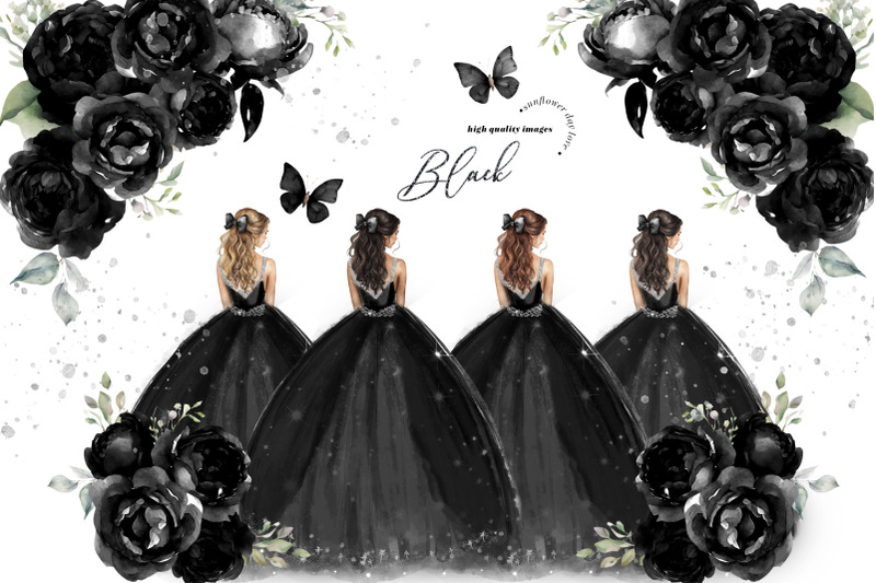 black-and-silver-princess-quince-clipart-black-flowers-quinceanera