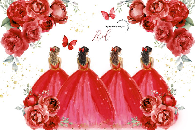 red-gold-princess-red-flowers-butterfly-clipart