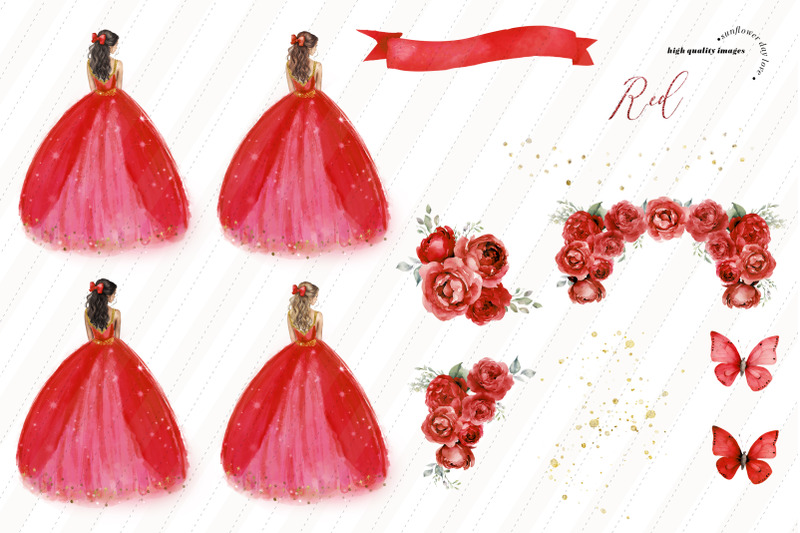 red-gold-princess-red-flowers-butterfly-clipart