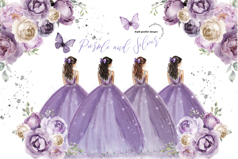 elegant-purple-princess-silver-glitter-flowers-butterfly-clipart