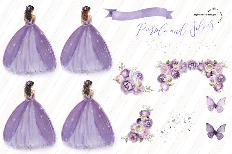 elegant-purple-princess-silver-glitter-flowers-butterfly-clipart