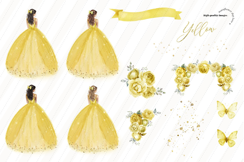 elegant-yellow-princess-dresses-flowers-butterfly-clipart