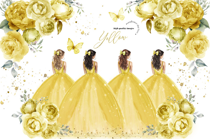 elegant-yellow-princess-dresses-flowers-butterfly-clipart