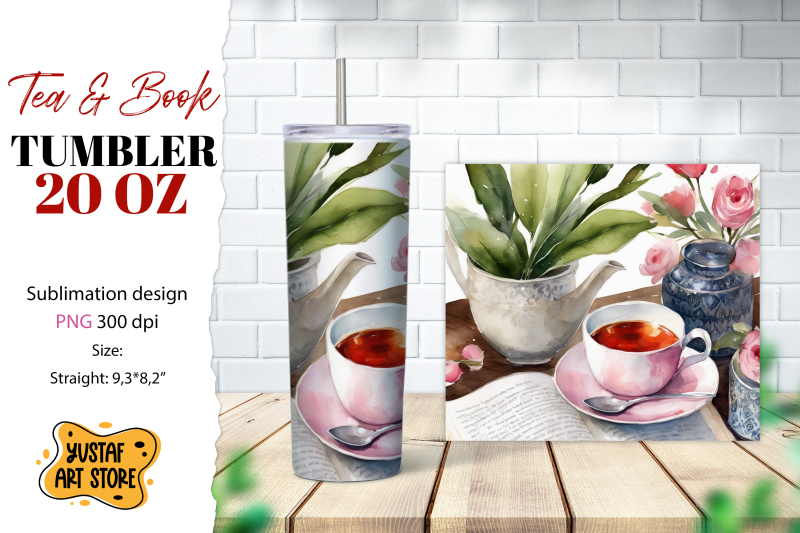 tea-tumbler-wrap-tea-and-book-sublimation-design