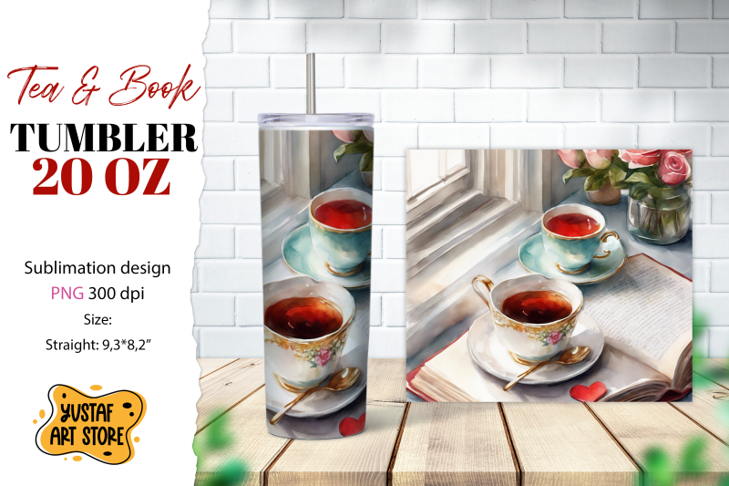 tea-tumbler-wrap-tea-and-book-sublimation-design