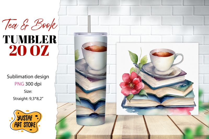 tea-tumbler-wrap-tea-and-book-sublimation-design