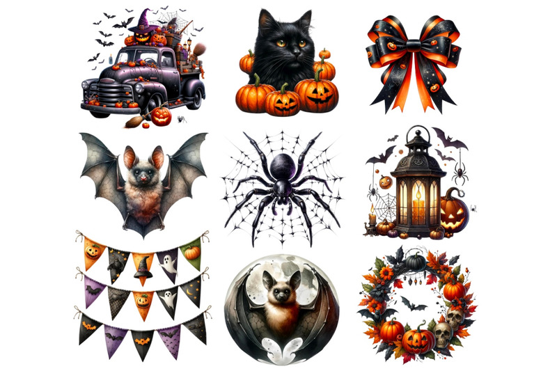 halloween-clipart-cat-truck-wreath-lantern-spider-bat