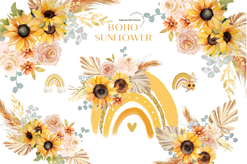 boho-rainbow-sunflowers-pampas-grass-clipart-dried-palm-leaf