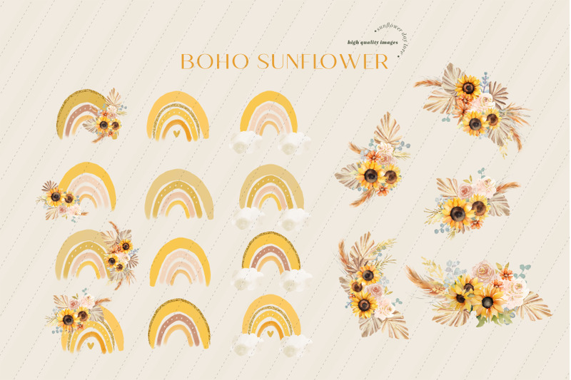 boho-rainbow-sunflowers-pampas-grass-clipart-dried-palm-leaf