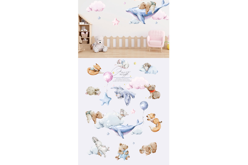 fairy-night-watercolor-sleeping-baby-animals