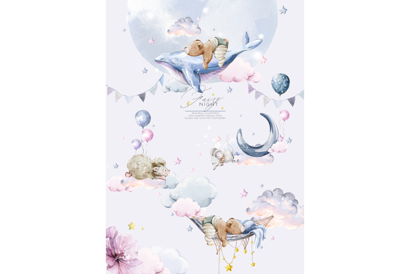 fairy-night-watercolor-sleeping-baby-animals