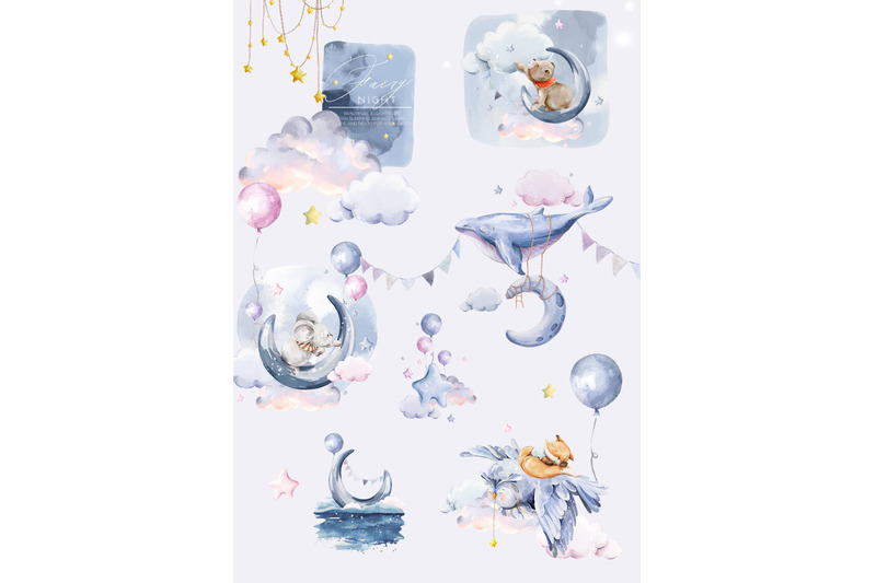 fairy-night-watercolor-sleeping-baby-animals