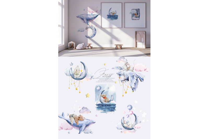 fairy-night-watercolor-sleeping-baby-animals