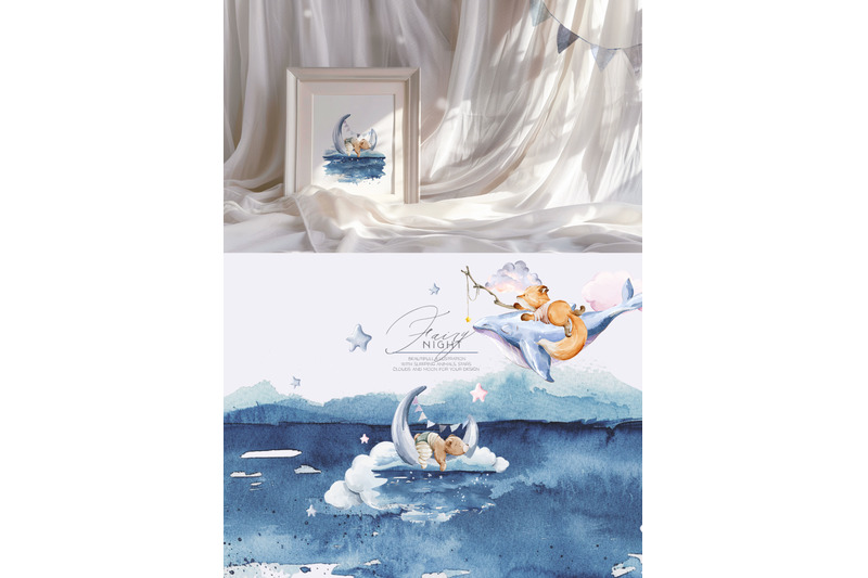 fairy-night-watercolor-sleeping-baby-animals