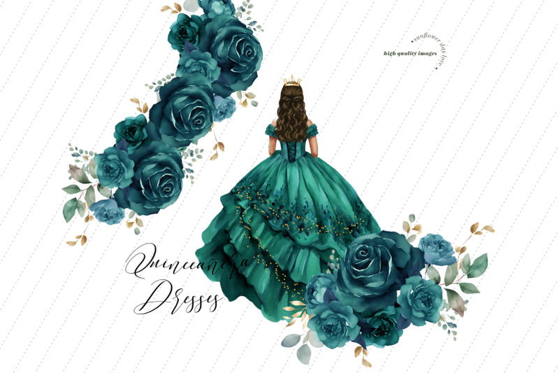 emerald-green-princess-dresses-clipart-hunter-green-flowers