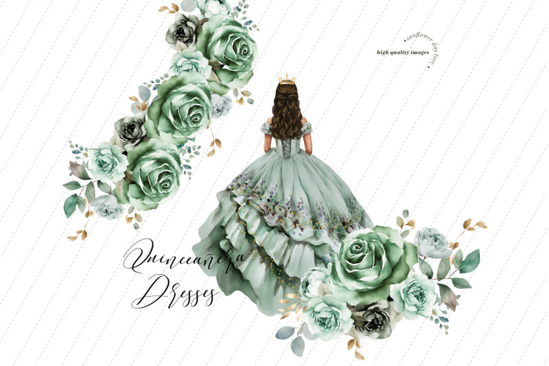 sage-green-charro-quinceanera-dresses-clipart-dusty-green-flowers