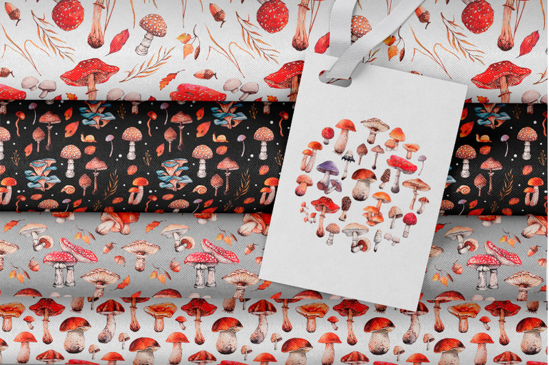 autumn-mushrooms-watercolor-seamless-patterns