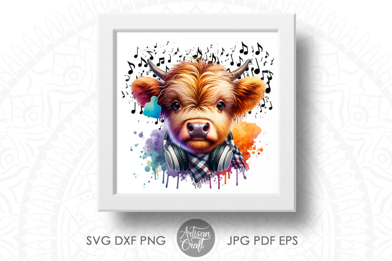 cute-highland-cow-wearing-headphones-plaid-scarf-ear-tag